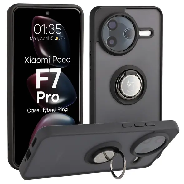 Etui z uchwytem na palec Bizon Case Hybrid Ring do Xiaomi POCO F7 Pro przydymione z czarną ramką