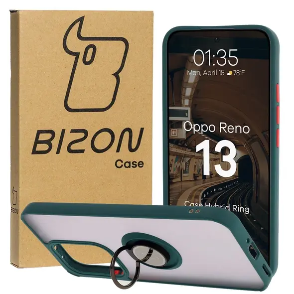 Etui z uchwytem na palec Bizon Case Hybrid Ring do Oppo Reno13 przydymione z ciemnozieloną ramką