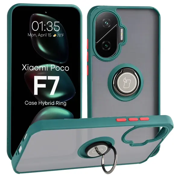 Etui z uchwytem na palec Bizon Case Hybrid Ring do Xiaomi POCO F7 przydymione z ciemnozieloną ramką