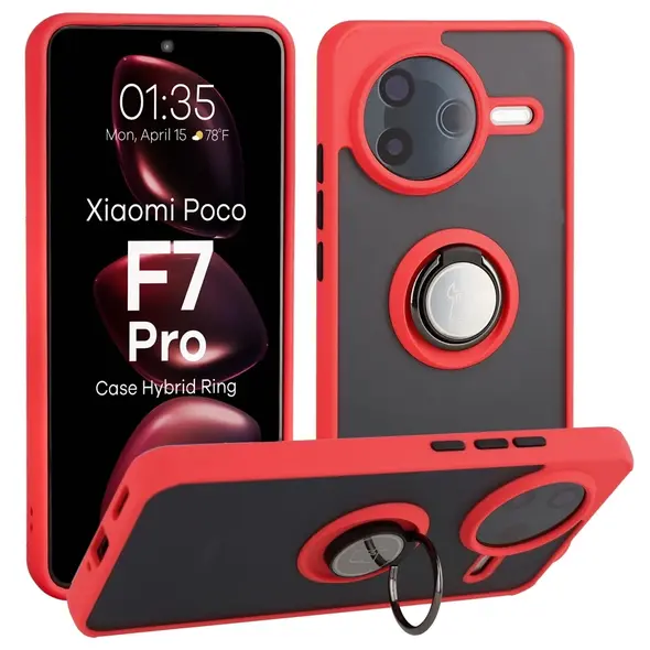 Etui z uchwytem na palec Bizon Case Hybrid Ring do Xiaomi POCO F7 Pro przydymione z czerwoną ramką