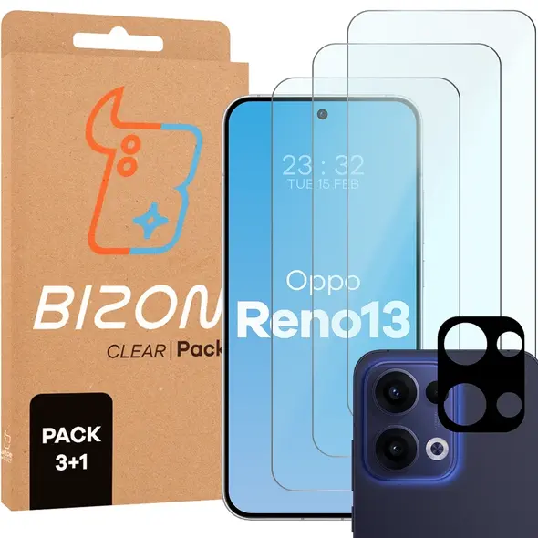 3x szkło na ekran + 1x szkło na aparat Bizon Glass Clear 2 Pack do Oppo Reno13