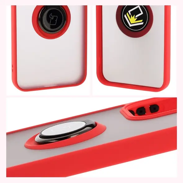 Etui z uchwytem na palec Bizon Case Hybrid Ring do Oppo Reno13 przydymione z czerwoną ramką