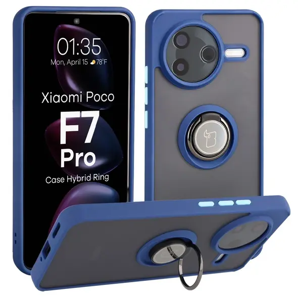 Etui z uchwytem na palec Bizon Case Hybrid Ring do Xiaomi POCO F7 Pro przydymione z granatową ramką
