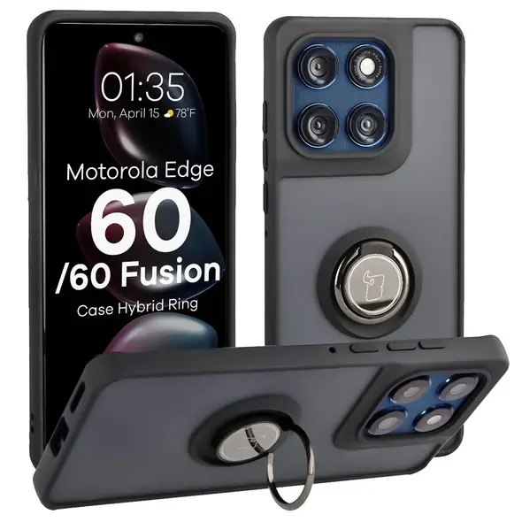 Etui z uchwytem na palec Bizon Case Hybrid Ring do Motorola Edge 60 Fusion / 60 przydymione z czarną ramką