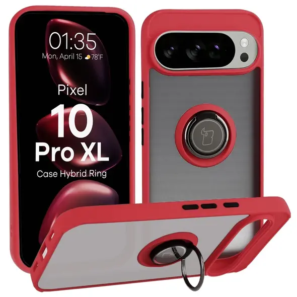 Etui z uchwytem na palec Bizon Case Hybrid Ring do Google Pixel 10 Pro XL przydymione z czerwoną ramką