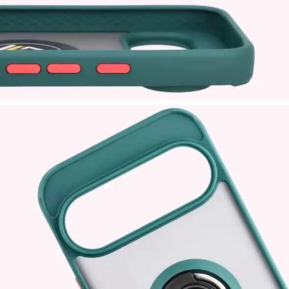 Etui z uchwytem na palec Bizon Case Hybrid Ring do Google Pixel 10 / 10 Pro przydymione z ciemnozieloną ramką