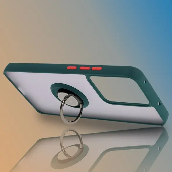 Etui z uchwytem na palec Bizon Case Hybrid Ring do Realme 14 5G / 14T 5G przydymione z ciemnozieloną ramką