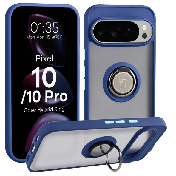 Etui z uchwytem na palec Bizon Case Hybrid Ring do Google Pixel 10 / 10 Pro przydymione z granatową ramką