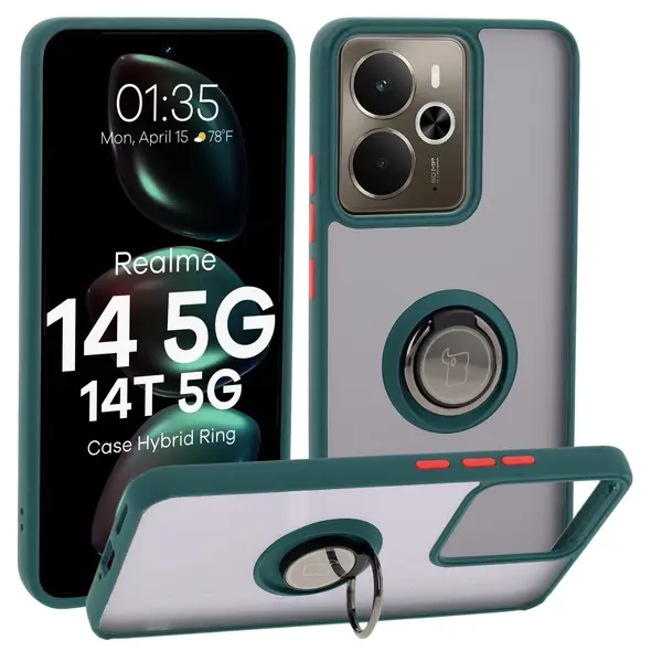 Etui z uchwytem na palec Bizon Case Hybrid Ring do Realme 14 5G / 14T 5G przydymione z ciemnozieloną ramką