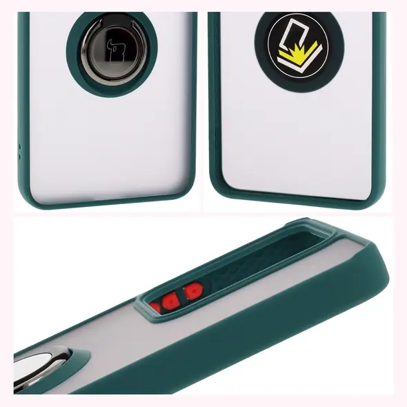 Etui z uchwytem na palec Bizon Case Hybrid Ring do Realme 14 5G / 14T 5G przydymione z ciemnozieloną ramką
