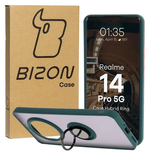 Etui z uchwytem na palec Bizon Case Hybrid Ring do Realme 14 Pro 5G przydymione z ciemnozieloną ramką