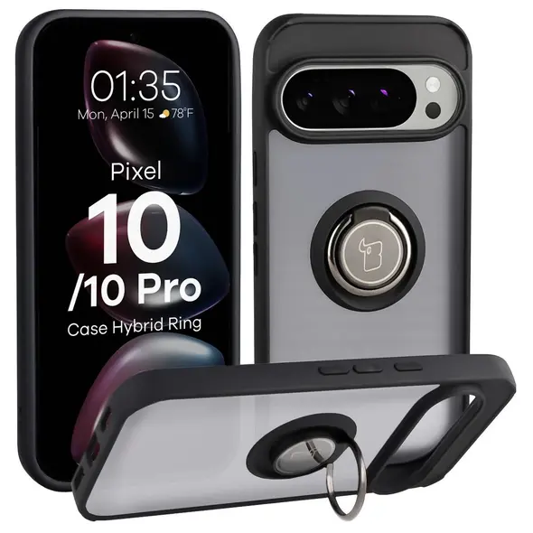 Etui z uchwytem na palec Bizon Case Hybrid Ring do Google Pixel 10 / 10 Pro przydymione z czarną ramką
