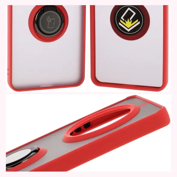 Etui z uchwytem na palec Bizon Case Hybrid Ring do Realme 14 Pro 5G przydymione z czerwoną ramką