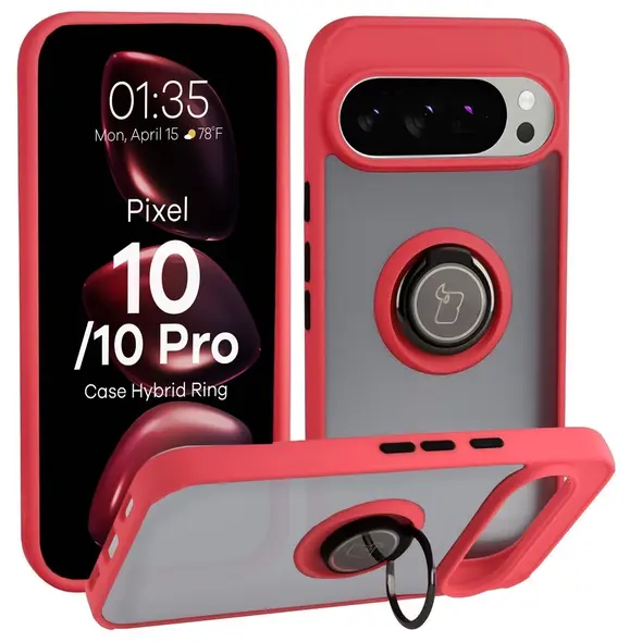 Etui z uchwytem na palec Bizon Case Hybrid Ring do Google Pixel 10 / 10 Pro przydymione z czerwoną ramką