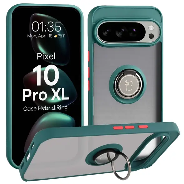 Etui z uchwytem na palec Bizon Case Hybrid Ring do Google Pixel 10 Pro XL przydymione z ciemnozieloną ramką