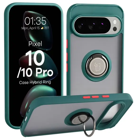 Etui z uchwytem na palec Bizon Case Hybrid Ring do Google Pixel 10 / 10 Pro przydymione z ciemnozieloną ramką