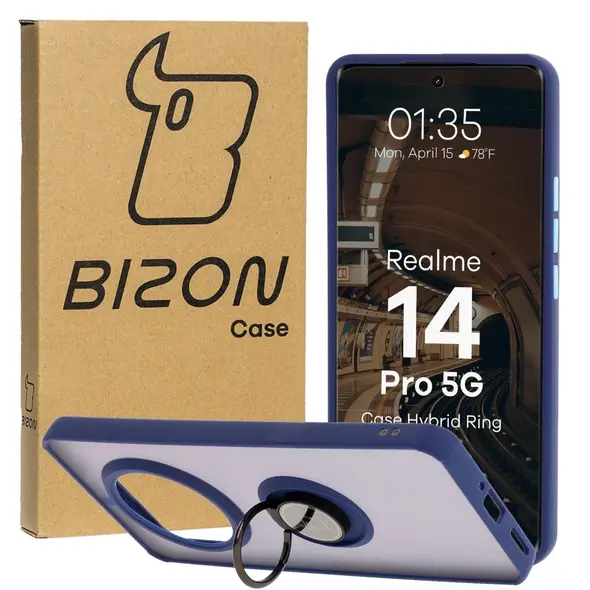 Etui z uchwytem na palec Bizon Case Hybrid Ring do Realme 14 Pro 5G przydymione z granatową ramką