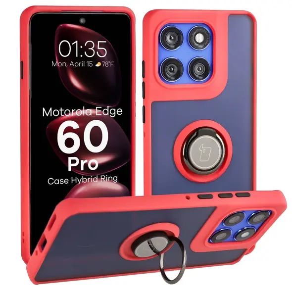 Etui z uchwytem na palec Bizon Case Hybrid Ring do Motorola Edge 60 Pro przydymione z czerwoną ramką