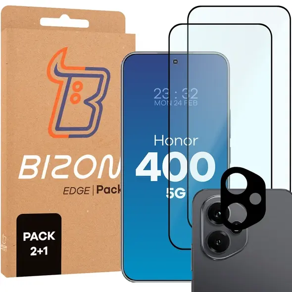 2x szkło na ekran + 1x szkło na aparat Bizon Edge 2 Pack do Honor 400