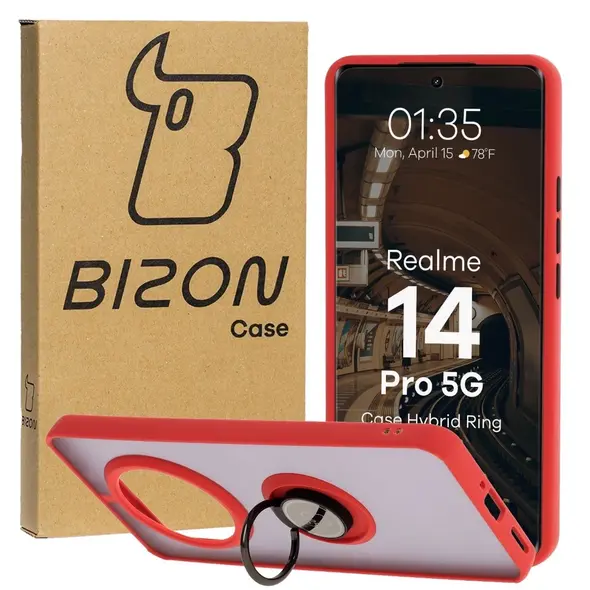 Etui z uchwytem na palec Bizon Case Hybrid Ring do Realme 14 Pro 5G przydymione z czerwoną ramką
