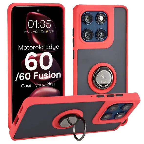 Etui z uchwytem na palec Bizon Case Hybrid Ring do Motorola Edge 60 Fusion / 60 przydymione z czerwoną ramką