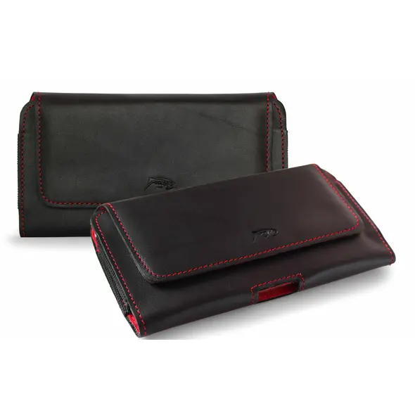 Skórzana kabura LURESKO FREYA XL do paska etui na telefon 165x82x10mm (czarny gładki czerwona nić czerwony środek)