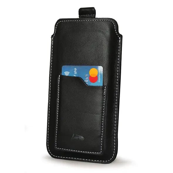 Skórzane etui uniwersalne LURESKO ASTER 4XL z oczkiem na smycz wsuwka na telefon do 7' (czarny gładki biała nić)