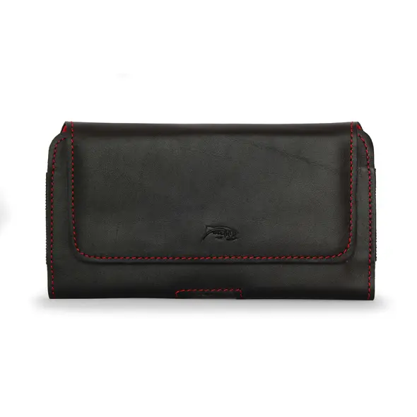 Skórzana kabura LURESKO FREYA XL do paska etui na telefon 165x82x10mm (czarny gładki czerwona nić czerwony środek)
