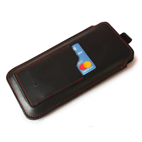 Skórzane etui uniwersalne LURESKO ASTER XXXL z oczkiem na smycz wsuwka na telefon 6.5' - 6.9' (czarny gładki czerwona nić)