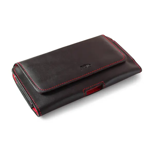 Skórzana kabura LURESKO FREYA XXL do paska etui na telefon 170x85x10mm (czarny gładki czerwona nić czerwony środek)