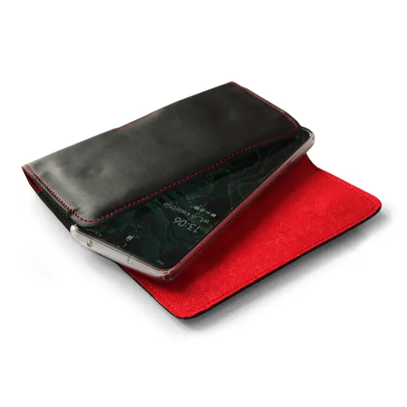 Skórzana kabura LURESKO FREYA XXL do paska etui na telefon 170x85x10mm (czarny gładki czerwona nić czerwony środek)