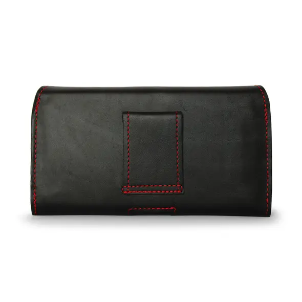 Skórzana kabura LURESKO FREYA XXL do paska etui na telefon 170x85x10mm (czarny gładki czerwona nić czerwony środek)