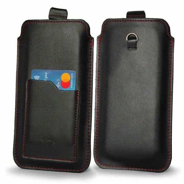 Skórzane etui uniwersalne LURESKO ASTER XXXL z oczkiem na smycz wsuwka na telefon 6.5' - 6.9' (czarny gładki czerwona nić)