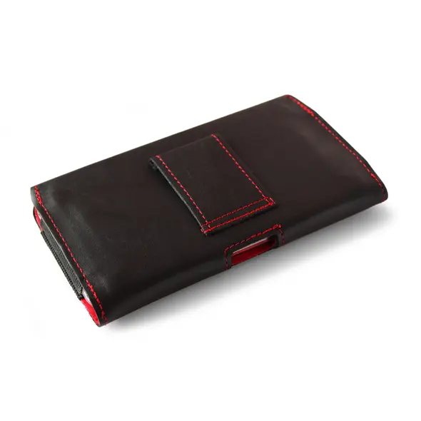 Skórzana kabura LURESKO FREYA XXL do paska etui na telefon 170x85x10mm (czarny gładki czerwona nić czerwony środek)