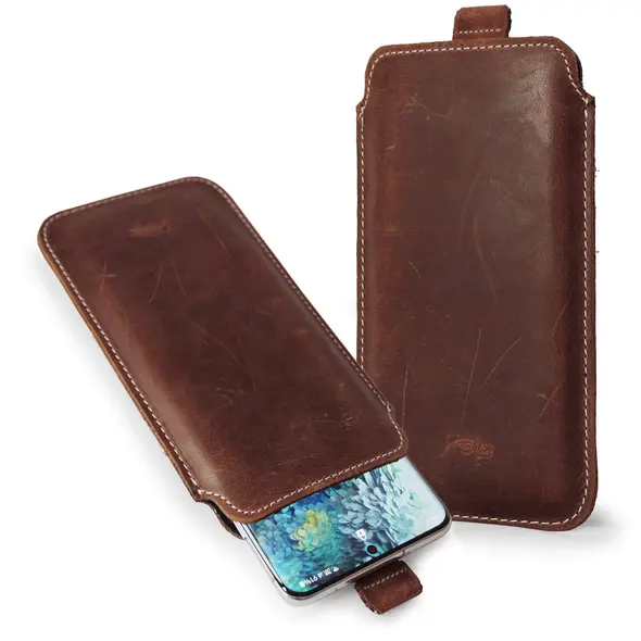 Skórzane etui wsuwane LURESKO NEW LILLA XXXL wsuwka na telefon 6.5' - 6.9' (brąz vintage biała nić)