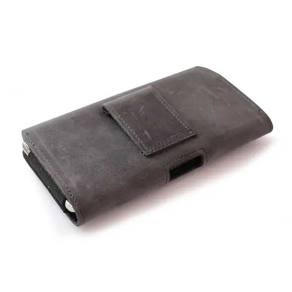 Skórzana kabura LURESKO FREYA XXL do paska etui na telefon 170x85x10mm (szary vintage szara nić)