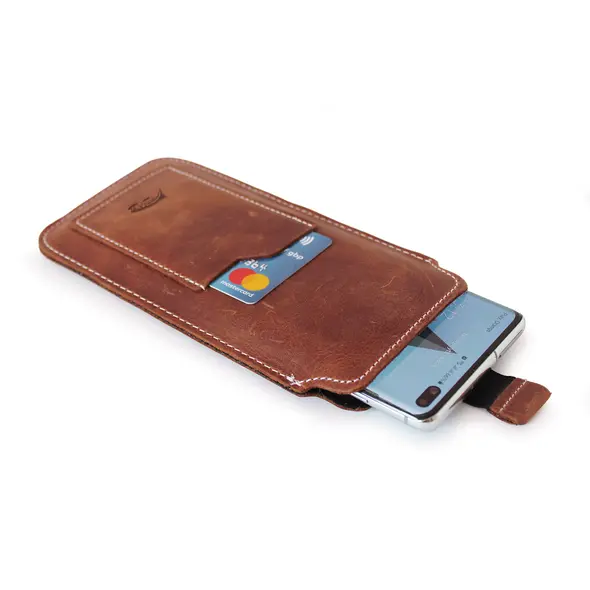 Skórzane etui uniwersalne z oczkiem na smycz LURESKO NEW ASTER XXXL wsuwka na telefon 6.5' - 6.9' (brązowy vintage biała nić)