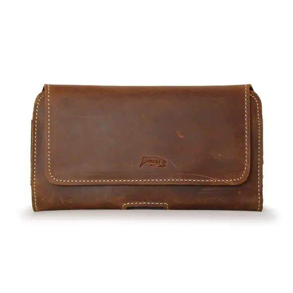 Skórzana kabura LURESKO FREYA XL do paska etui na telefon 165x82x10mm (brąz vintage biała nić)