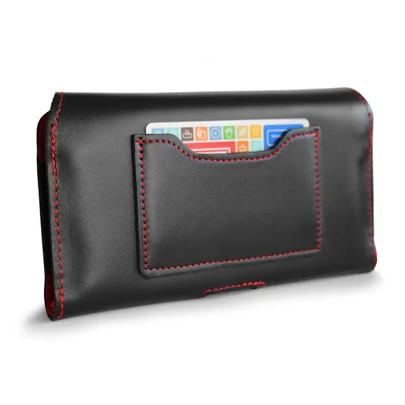 Skórzane etui ochronne LURESKO ELLA XXL na telefon - 170x85x12 / do torebki plecaka (czarny  czerwona nić)