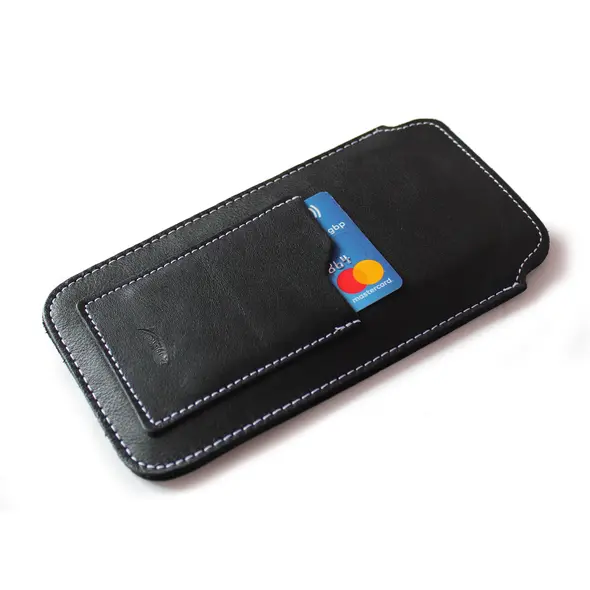 Skórzane etui uniwersalne LURESKO ASTER XXXL z oczkiem na smycz wsuwka na telefon 6.5' - 6.9' (czarny gładki biała nić)