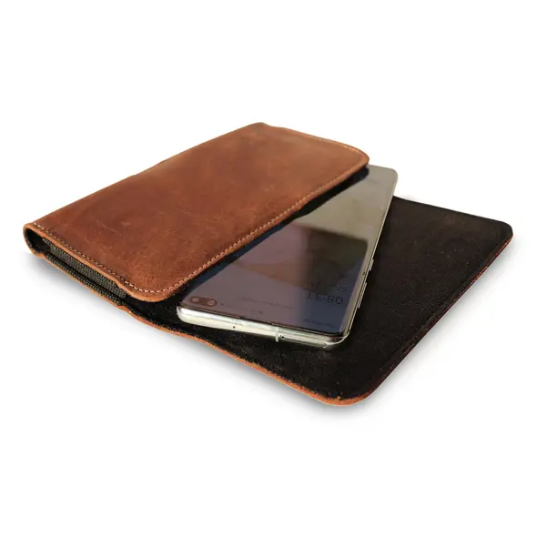 Skórzana kabura LURESKO FREYA XL do paska etui na telefon 165x82x10mm (brąz vintage biała nić)