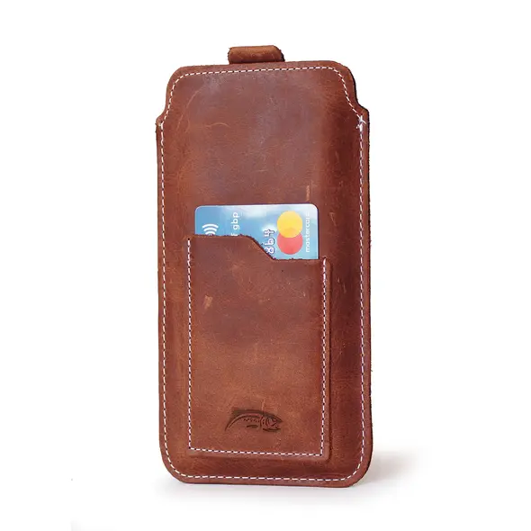 Skórzane etui uniwersalne z oczkiem na smycz LURESKO NEW ASTER XXXL wsuwka na telefon 6.5' - 6.9' (brązowy vintage biała nić)