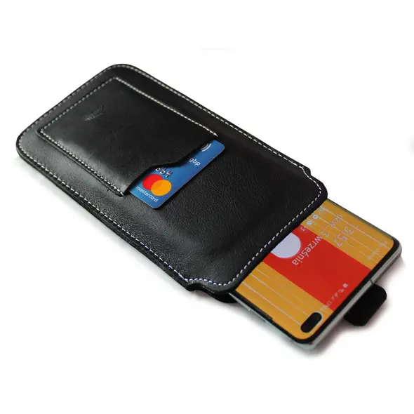 Skórzane etui uniwersalne LURESKO ASTER XXXL z oczkiem na smycz wsuwka na telefon 6.5' - 6.9' (czarny gładki biała nić)