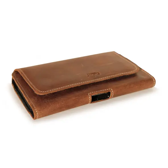 Skórzana kabura LURESKO FREYA XL do paska etui na telefon 165x82x10mm (brąz vintage biała nić)