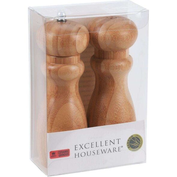 Młynek do przypraw Excellent Houseware Młynek do pieprzu DREWNIANY BAMBUSOWY + solniczka komplet do pieprzu soli