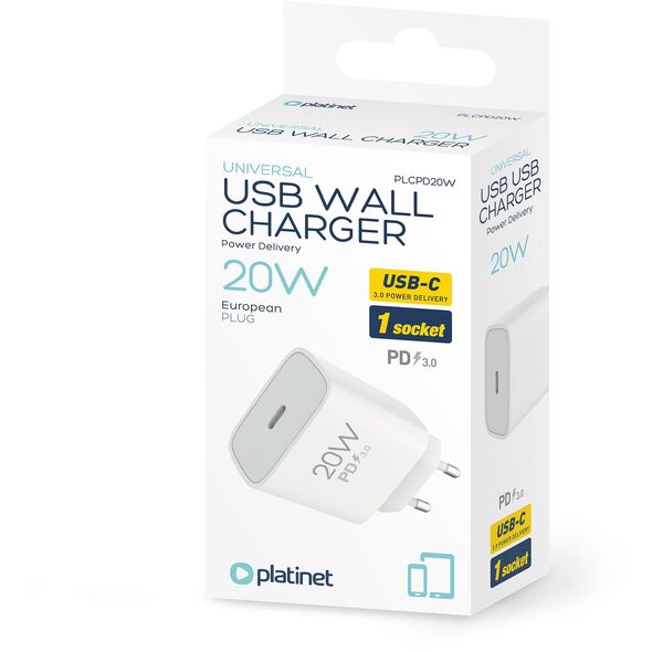 Ładowarka sieciowa 230V PLATINET 1xUSB-A + 1xUSB-C 20W biała (46000)