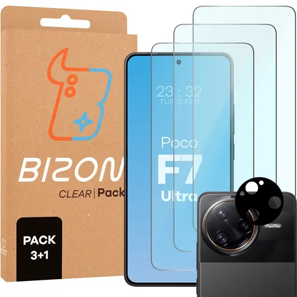 3x szkło na ekran + 1x na aparat BIZON Clear 2 Pack do Xiaomi Poco F7 Ultra