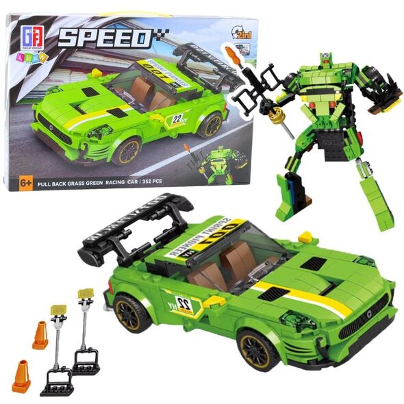 Klocki Konstrukcyjne Auto Robot 2w1 Żółto-Zielony Napęd 352 el. LEAN Toys