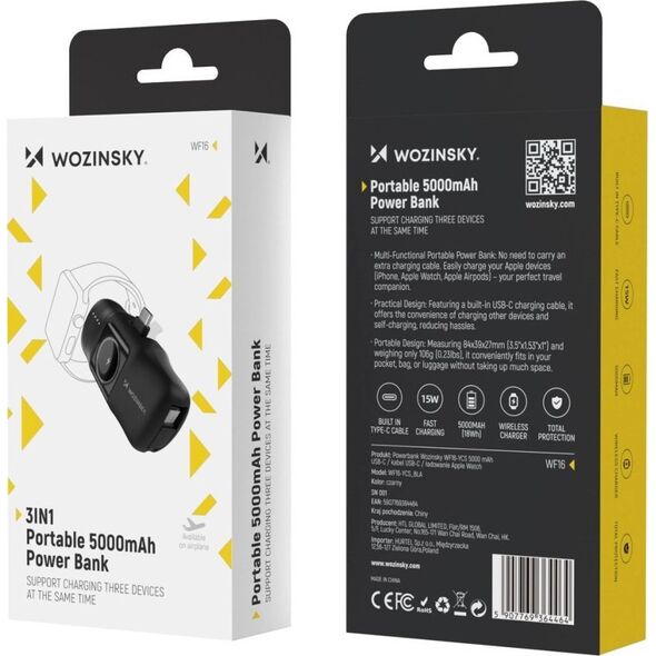 Mini powerbank Wozinsky WF16-YCS 5000mAh 15W USB-C z wbudowanym kablem USB-C i ładowarką do Apple Watch - czarny