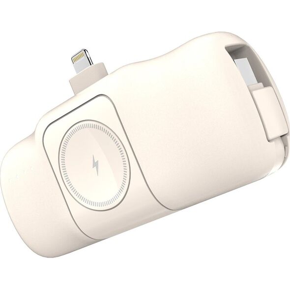 Mini powerbank Wozinsky WF16-YLS 5000mAh 15W Lightning z wbudowanym kablem USB-C i ładowarką do Apple Watch - beżowy